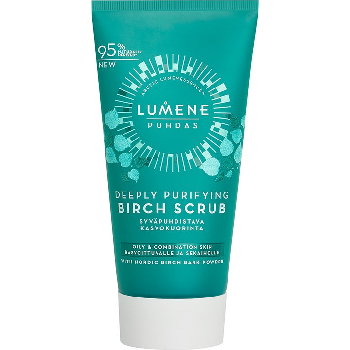 Lumene Puhdas Deeply Purifying Birch Scrub syväpuhdistava kasvokuorinta turkoosissa tuubissa jossa on valkoinen korkki