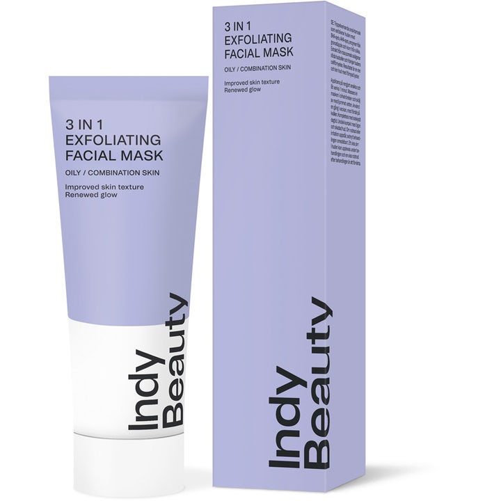 Indy Beauty 3 in 1 exfoliating facial mask 75 ml kuoriva kasvonaamio antaa hehkua vaaleanvioletissa tuubissa ja pakkauksessa.