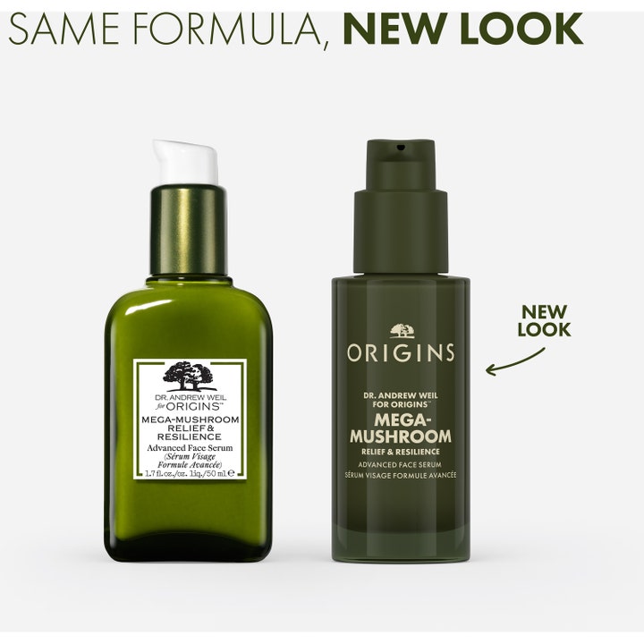 Origins Mega-Mushroom Advanced Face Serum 50 ml rauhoittava kasvoseerumi uudessa ja vanhassa pakkauksessa.