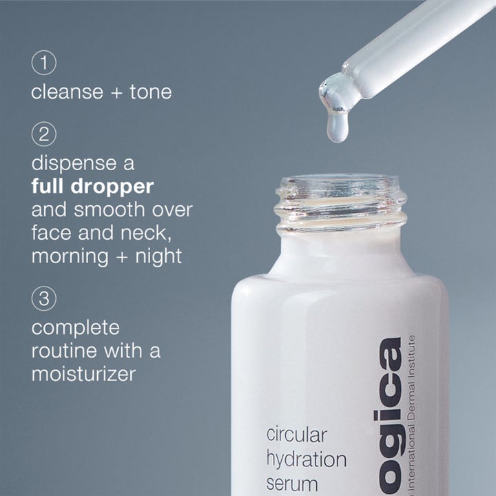 Dermalogica Circular Hydration Serum 59 ml kosteuttava seerumi valkoinen pullo ja pipetti josta tippuu kirkas pisara