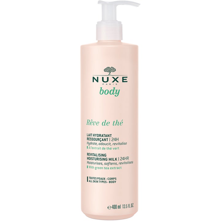 Nuxe Body Rêve de thé 400 ml elvyttävä ja kosteuttava vihreää teetä sisältävä vartalomaito vaaleanpunaisessa pumppupullossa