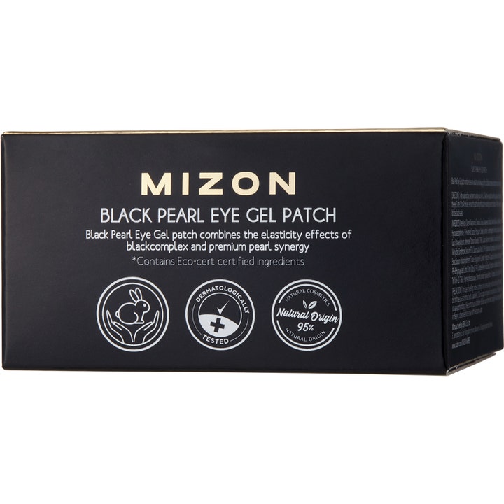 Mizon Black Pearl Eye Gel Patch 84 g kiinteyttävät silmänympärysnaamiot mustassa rasiassa jossa on Natural Origin merkintä.