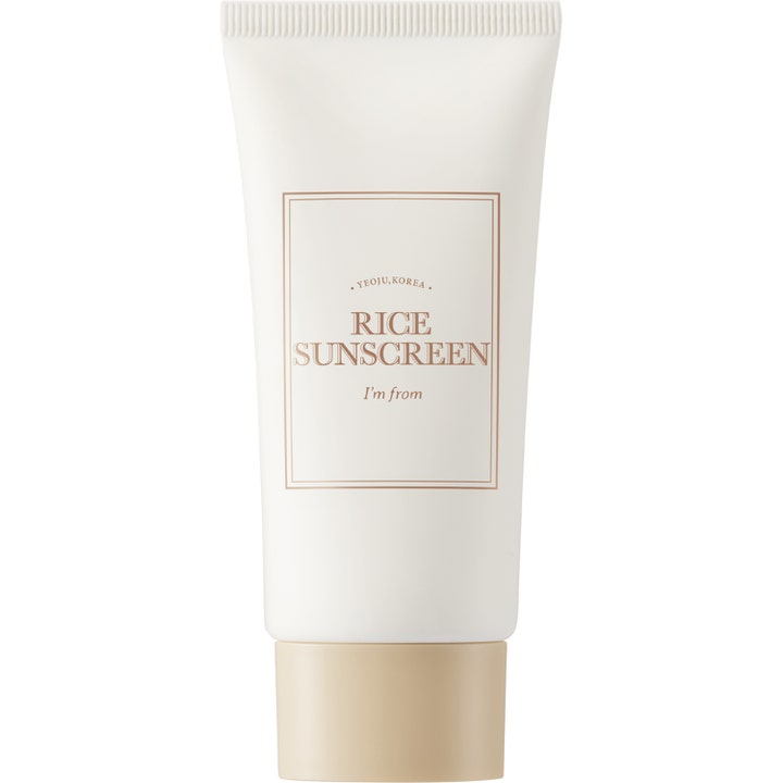 I'm from Rice Sunscreen 50 ml suojaava aurinkovoide valkoisessa tuubissa beigellä korkilla