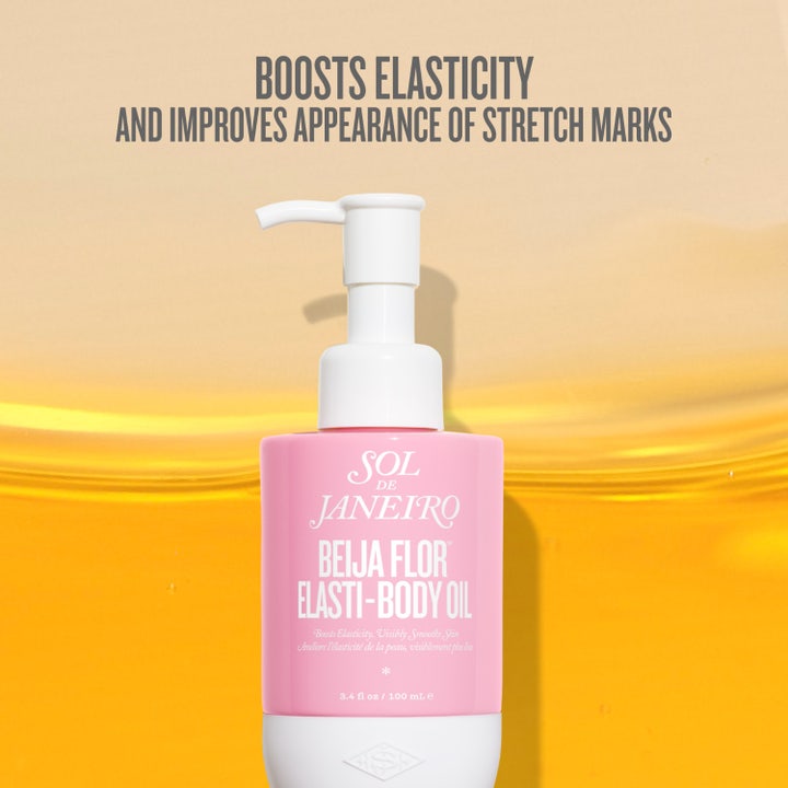 Sol de Janeiro Beija Flor Elasti-Body Oil 100 ml kiinteyttävä vartaloöljy vaaleanpunaisessa pumppupullossa.