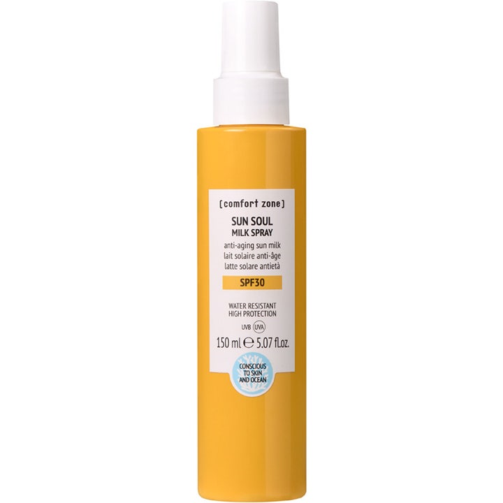 [comfort zone] Sun Soul Milk Spray 150 ml suojaava anti-age aurinkomaito keltaisessa suihkepullossa valkoisella pumpulla
