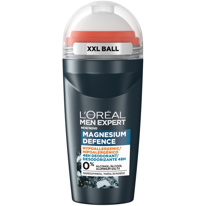 L'Oréal Men Expert Magnesium Defence 50 ml roll-on deodorantti harmaassa pakkauksessa, jossa on läpinäkyvä korkki.