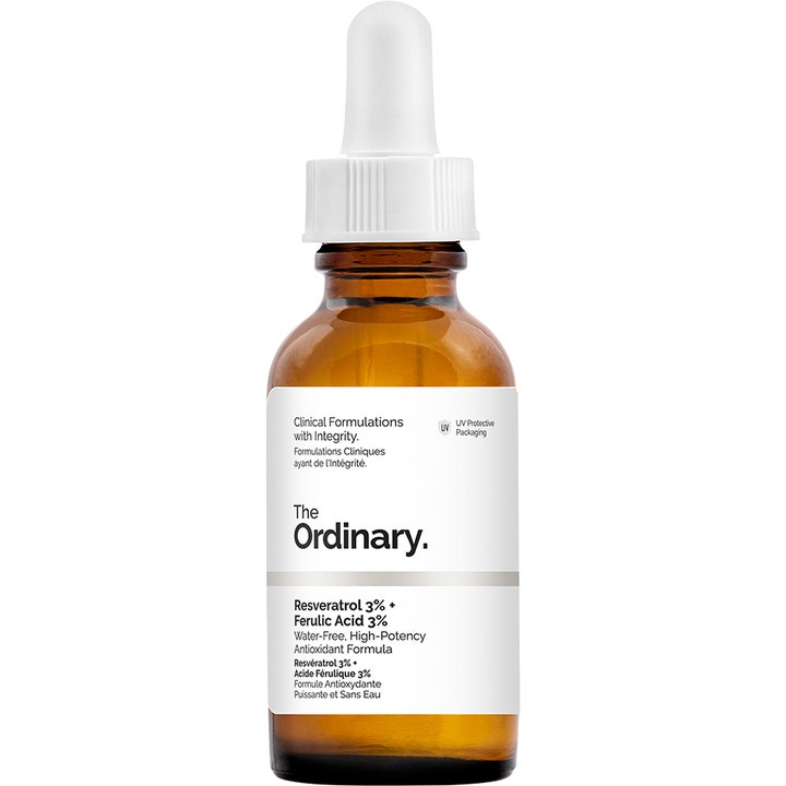 The Ordinary Resveratrol 3% + Ferulic Acid 3% 30 ml suojaava antioksidanttiseerumi ruskeassa lasipullossa valkoisella pipetillä.