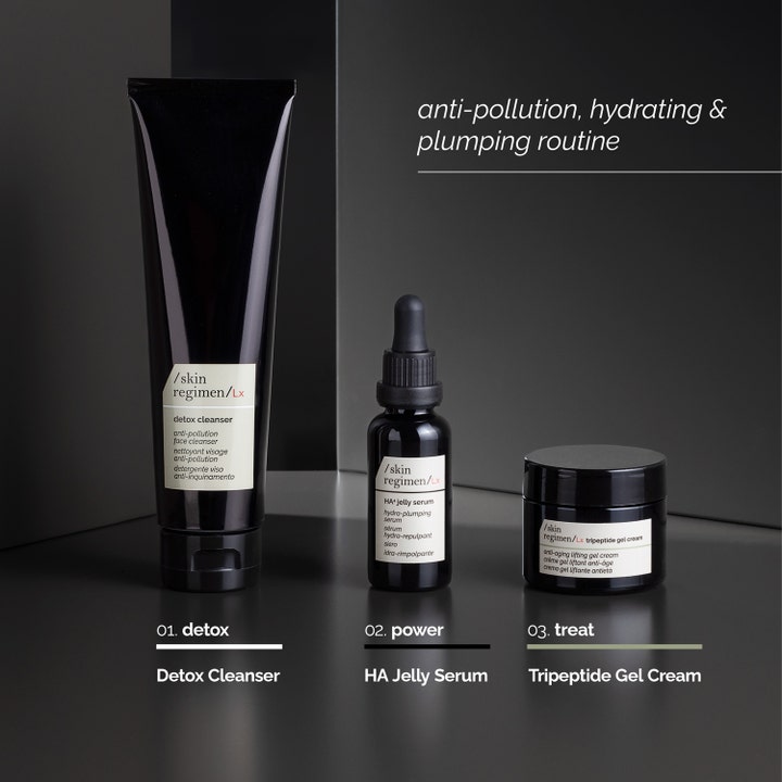 Skin Regimen Tripeptide Gel Cream 50 ml kiinteyttävä kasvovoide mustassa purkissa osana kolmen vaiheen rutiinia.