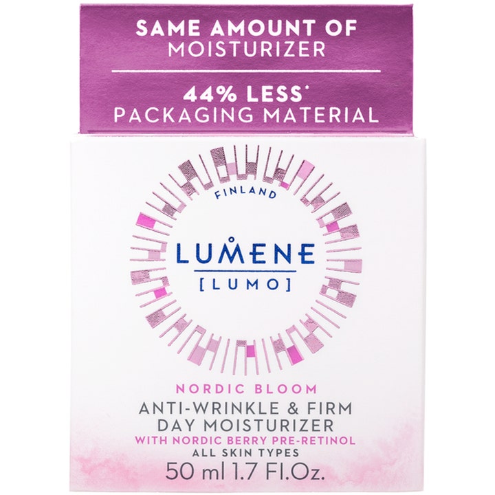 Lumene Nordic Bloom Anti-Wrinkle & Firm Day Moisturizer 50 ml silottava päivävoide valkoisessa pahvikotelossa