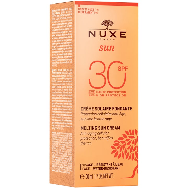 Nuxe Sun Delicious Cream for Face 50 ml on anti-age-vaikutteinen aurinkovoide kasvoille oranssissa pakkauksessa SPF 30