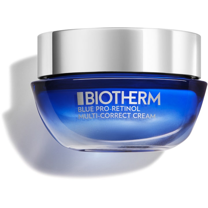 Biotherm Blue Pro-Retinol Multi-Correct Cream 50 ml silottava kasvovoide sinisessä lasipurkissa hopeisella korkilla