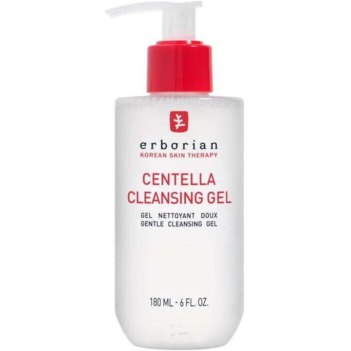 Erborian Centella Cleansing Gel 180 ml rauhoittava puhdistusgeeli läpikuultavassa pullossa punaisella pumpulla