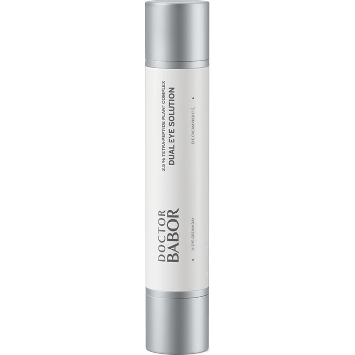 Doctor Babor Dual Eye Solution silmänympärysvoide päivälle ja yölle valkoisessa putkilossa hopeisilla korkeilla.