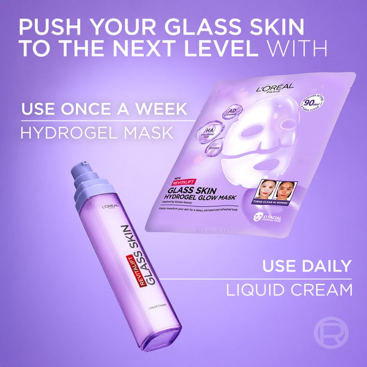 L'Oréal Paris Revitalift Filler Glass Skin 1 kpl hydrogeelinaamio ja nestemäinen voide heleyttävät ihoa liilalla pohjalla.