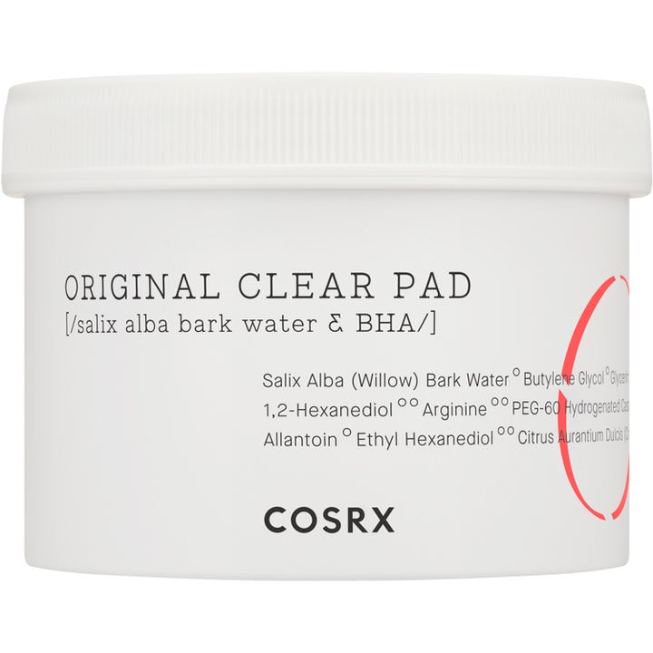 COSRX Original Clear Pad 70 kpl kuorintalaput kirkastavat ihoa BHA hapolla valkoisessa purkissa jossa on punainen kuvio
