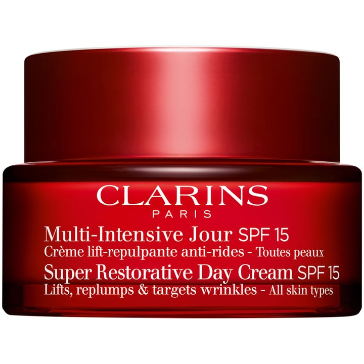 Clarins Multi-Intensive Day Cream SPF 15 kiinteyttävä päivävoide punaisessa lasipurkissa silottaa ja napakoittaa ihoa