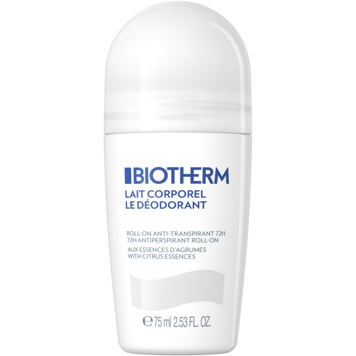 Biotherm Lait Corporel Deodorant 75 ml on raikas roll-on antiperspirantti valkoisessa pyöreässä pakkauksessa.