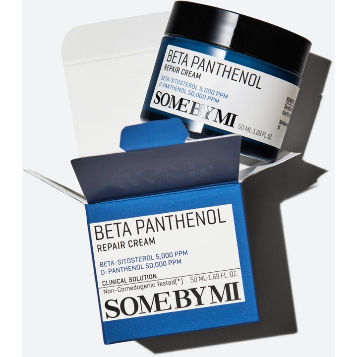 Some By Mi Beta Panthenol Repair Cream 50 ml ihoa korjaava kasvovoide sinisessä purkissa ja avatussa pakkauksessa.