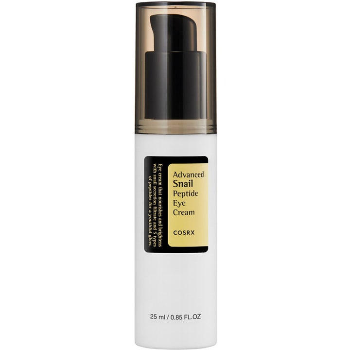 COSRX Advanced Snail Peptide Eye Cream 25 ml ravitseva silmänympärysvoide valkoisessa pumppupullossa ruskealla korkilla.