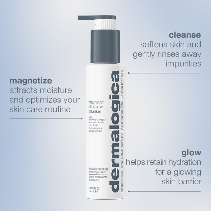 Dermalogica Magnetic Afterglow Cleanser 150 ml heleyttävä puhdistusvoide valkoisessa pullossa harmaalla pumpulla.