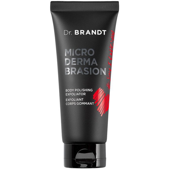 Dr. Brandt Microdermabrasion Body Polishing Exfoliator kirkastava vartalokuorinta mustassa tuubissa jossa on punainen sydän.