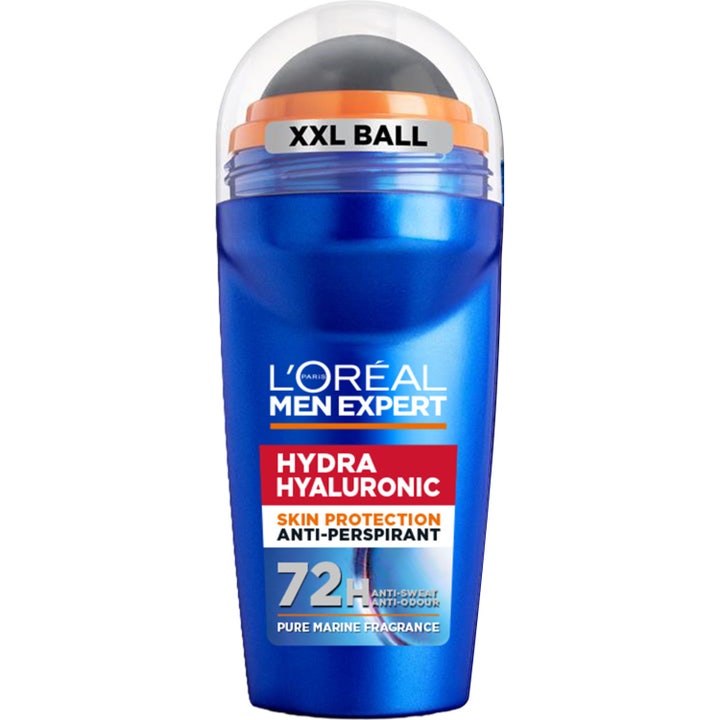 L'Oréal Men Expert Hydra Hyaluronic suojaava antiperspirantti sinisessä pullossa, jossa on oranssi rengas ja musta pallo.