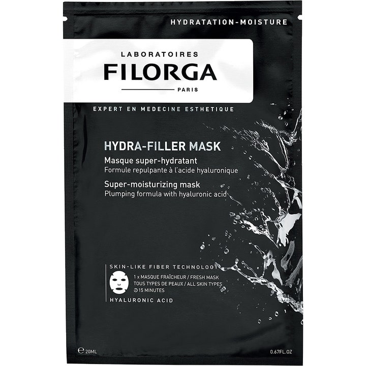 Filorga Hydra-Filler Mask 20 ml hyaluronihappoa sisältävä kangasnaamio mustassa pakkauksessa jossa on vesiroiske