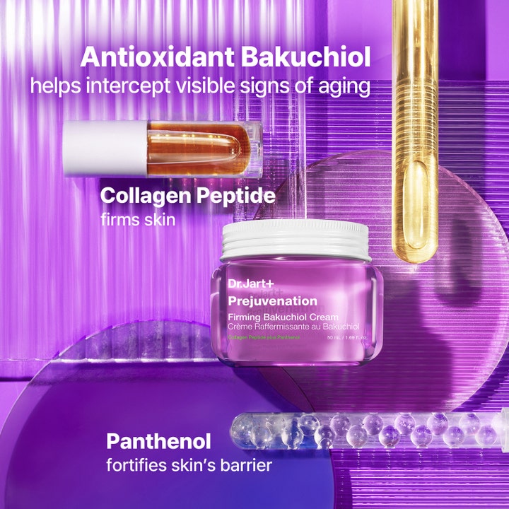 Dr.Jart+ Prejuvenation Firming Bakuchiol Cream 50 ml kiinteyttävä kasvovoide liilassa lasipurkissa laboratoriolasien keskellä