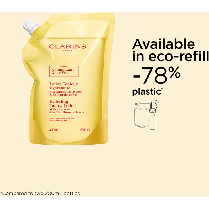 Clarins Hydrating Toning Lotion 400 ml kosteuttava kasvovesi keltaisessa -78 % vähemmän muovia sisältävässä täyttöpussissa.
