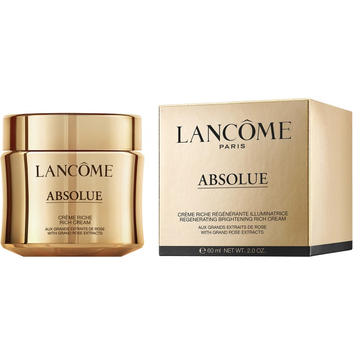 Lancôme Absolue Rich Cream 60 ml kirkastava ja uudistava päivävoide kultaisessa lasipurkissa ja pakkauksessa.