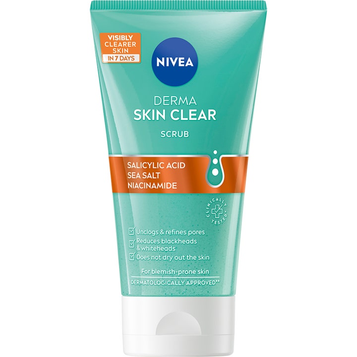 Nivea Derma Skin Clear Scrub kuorintavoide puhdistaa ihohuokosia turkoosissa tuubissa valkoisella korkilla