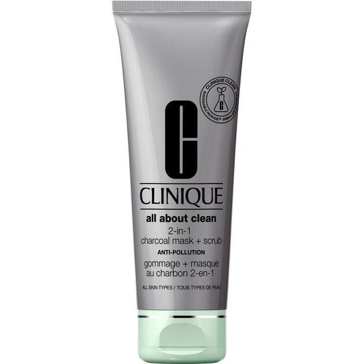 Clinique All About Clean 2-in-1 Charcoal Mask + Scrub syväpuhdistava naamio harmaassa tuubissa vaaleanvihreällä korkilla
