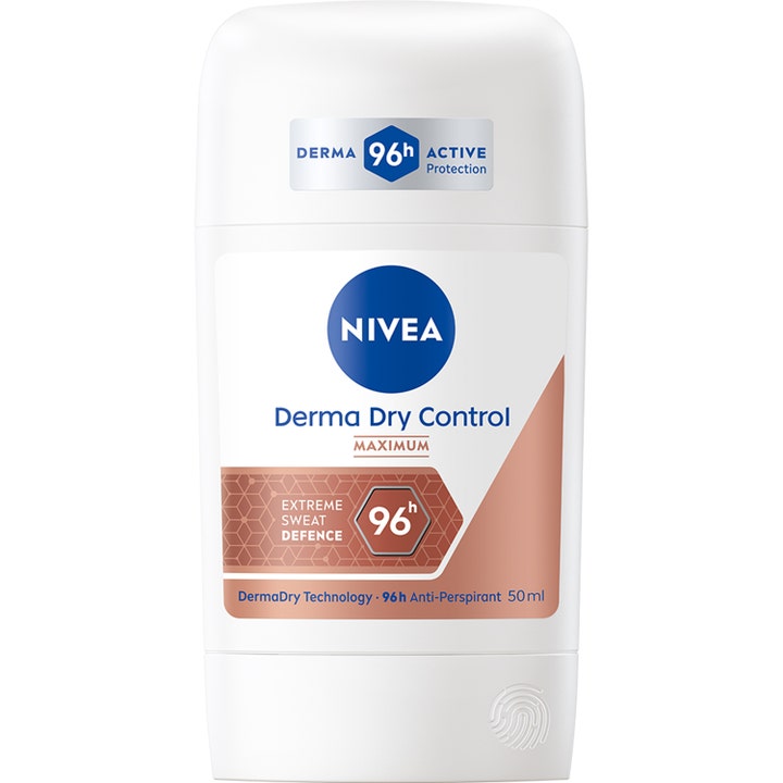 Nivea Derma Dry Control Maximum 50 ml antiperspirantti ehkäisee hikoilua valkoisessa stick-pakkauksessa.
