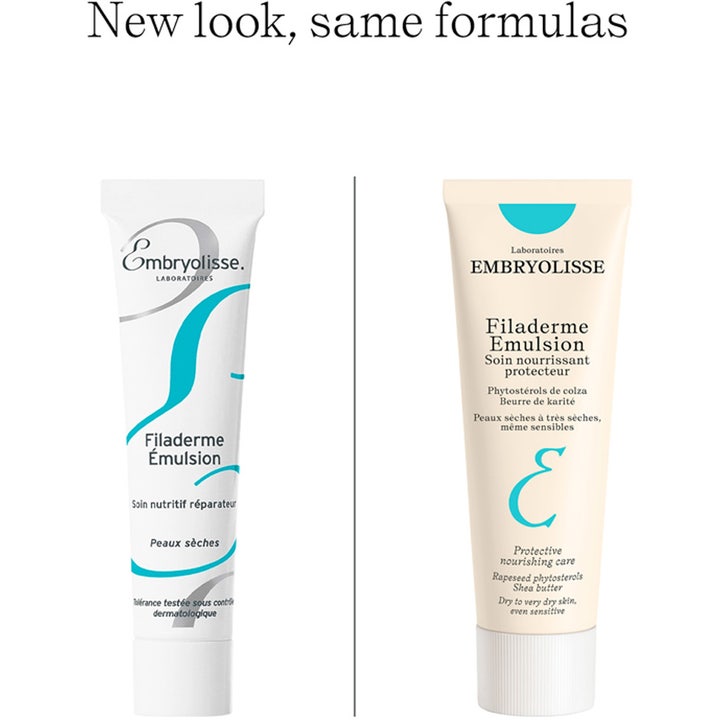 Embryolisse Filaderme Emulsion 75 ml ravitseva kasvovoide esittelee uuden beigen ja vanhan valkoisen tuubipakkauksen.