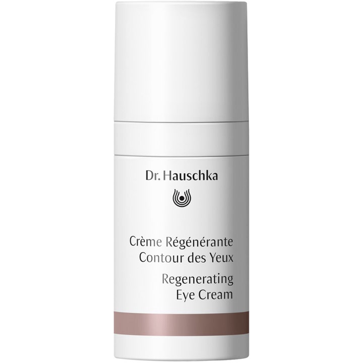 Dr. Hauschka Regenerating Eye Cream 15 ml uudistava silmänympärysvoide valkoisessa pumppupullossa jossa on ruskea raita