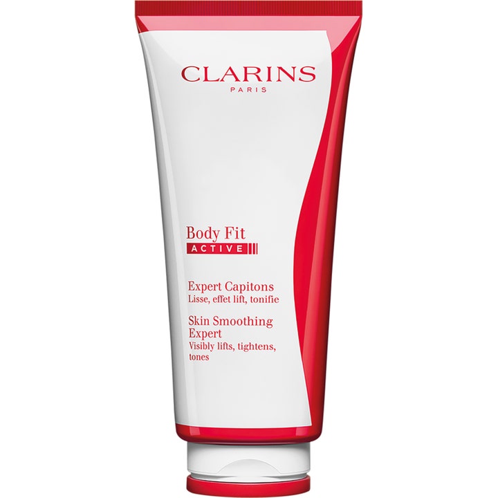 Clarins Body Fit Active 200 ml silottava ja kiinteyttävä vartalovoide valkoisessa tuubissa jossa on punaisia yksityiskohtia