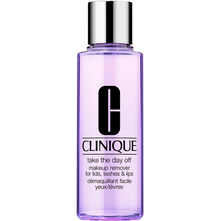 Clinique Take The Day Off Makeup Remover silmämeikinpoistoaine poistaa meikin purppuranvärisessä hopeakorkkisessa pullossa