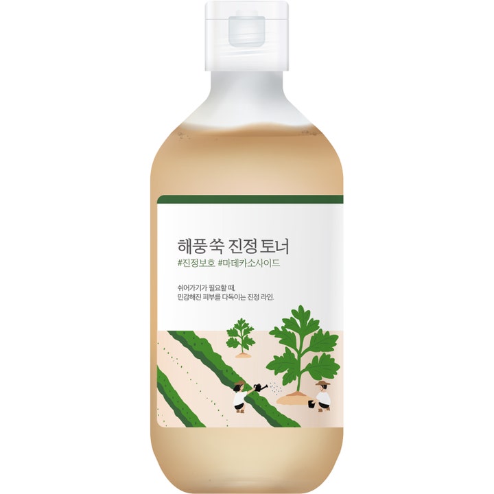 Round Lab Mugwort Calming Toner 200 ml rauhoittava kasvovesi kirkkaassa pullossa, jossa on vihreä kasvikuvio.