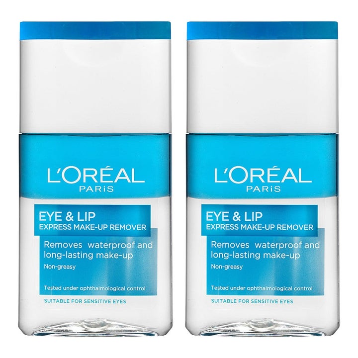 L'Oréal Paris Eye & Lip Express Make-up Remover duo-pakkaus poistaa vedenkestävän meikin kahdesta kirkkaasta pullosta.