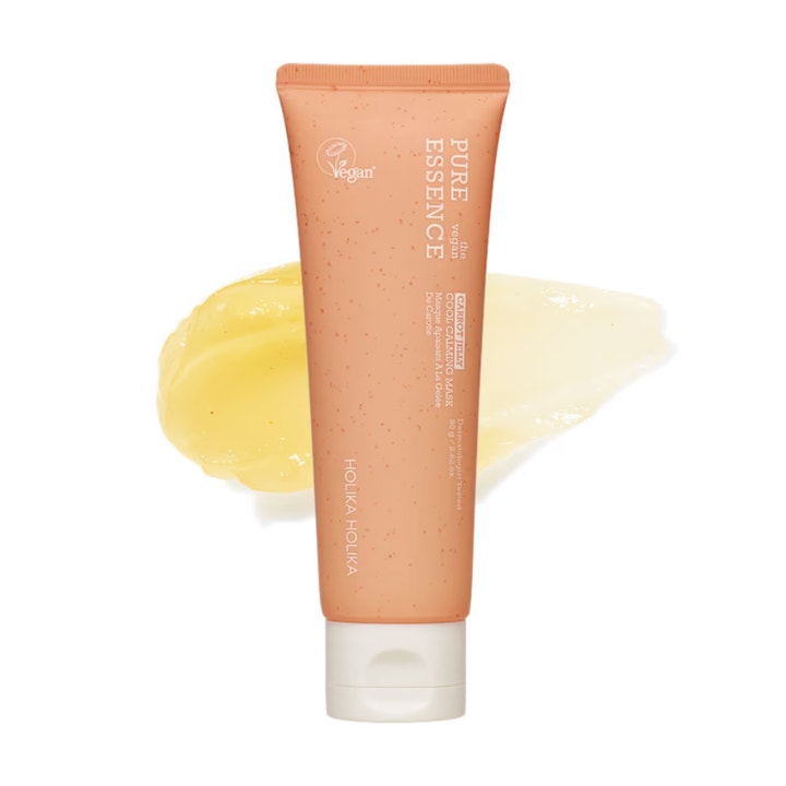Holika Holika Pure Essence Carrot Jelly Cool Calming Mask 80 g rauhoittava kasvonaamio persikanvärisessä tuubissa keltaisella hyytelöllä.