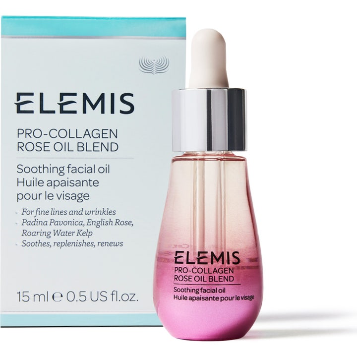 Elemis Pro-Collagen Rose Facial Oil 15 ml rauhoittava kasvoöljy vaaleanpunaisessa lasipullossa ja valkoinen pakkaus.