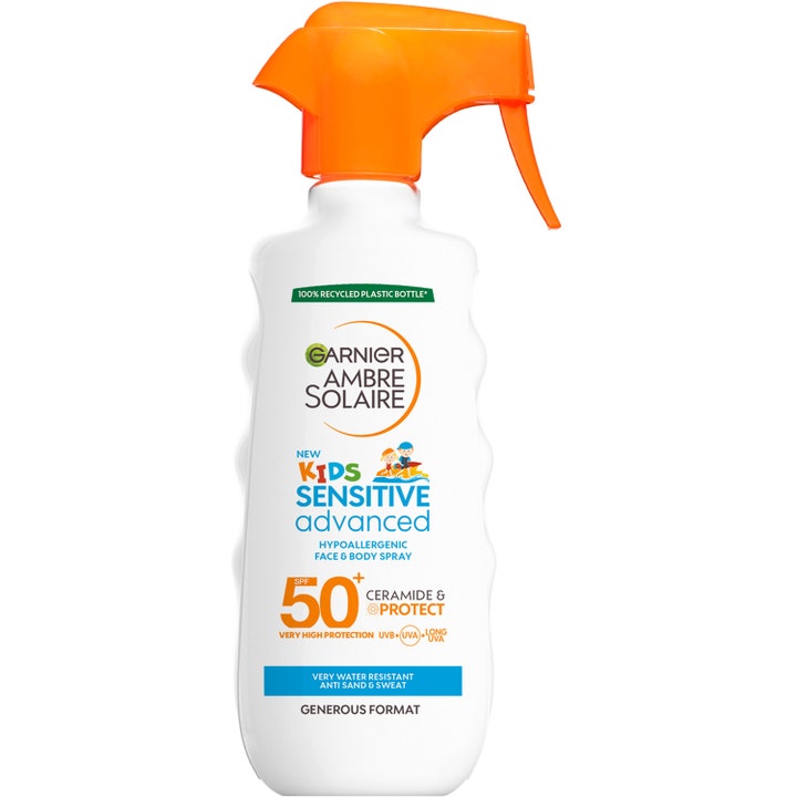 Garnier Ambre Solaire Kids Sensitive Advanced 300 ml SPF 50 aurinkosuojasuihku valkoisessa pullossa oranssilla suuttimella