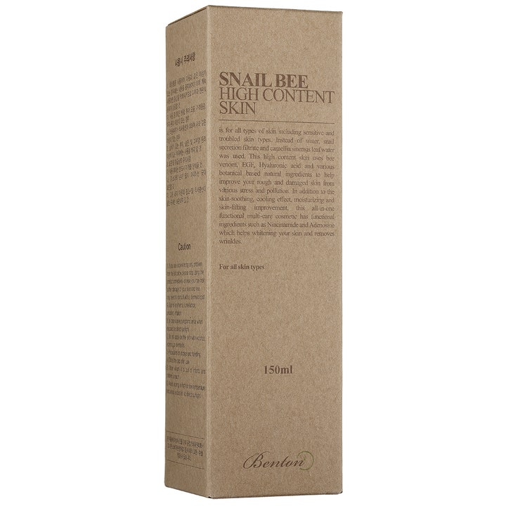 Benton Snail Bee High Content Skin 150 ml etanauutetta sisältävä kasvovesi ruskeassa pahvisessa ulkopakkauksessa.