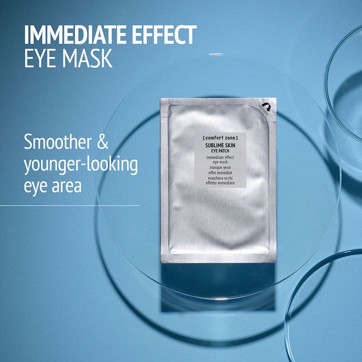Comfort Zone Sublime Skin Eye Patch 6 kpl silottaa silmänympärysihoa hopeisessa pussissa sinisellä taustalla
