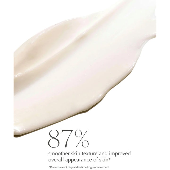 Exuviance Glycolic Expert Moisturizer 50 ml sileyttävä kasvovoide valkoinen tekstuuri ja teksti 87% smoother skin texture