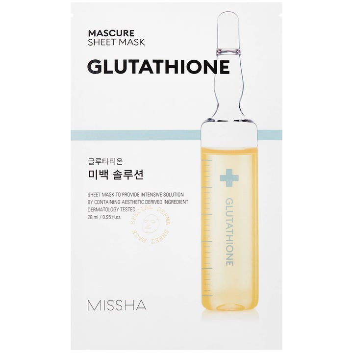 Missha Mascure Sheet Mask Glutathione 28 ml kirkastava kangasnaamio valkoisessa pakkauksessa keltaisella ampullikuvalla