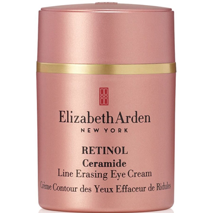 Elizabeth Arden Retinol Ceramide Line Erasing Eye Cream silottaa juonteita ruusukultaisessa metallinhohtoisessa pullossa.
