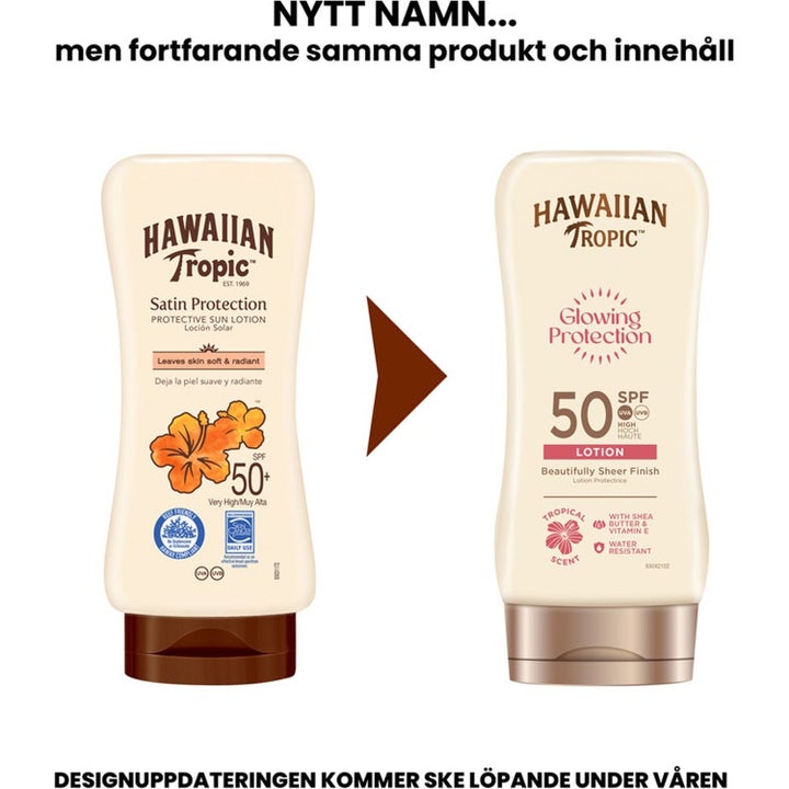 Hawaiian Tropic Satin Protection SPF 50 aurinkovoide pullot esitellen uuden Glowing Protection pakkauksen.