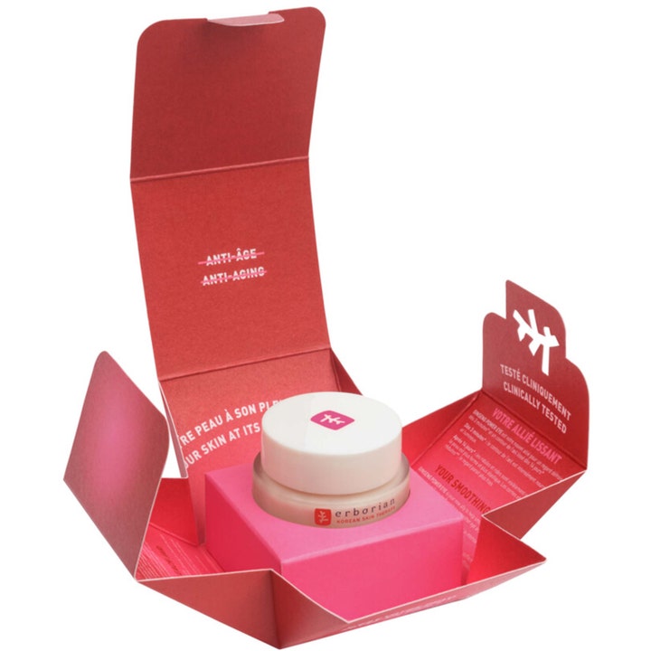 Erborian Ginseng Power Eye 15 ml silottava anti-aging silmänympärysvoide avatussa punaisessa pakkauksessa