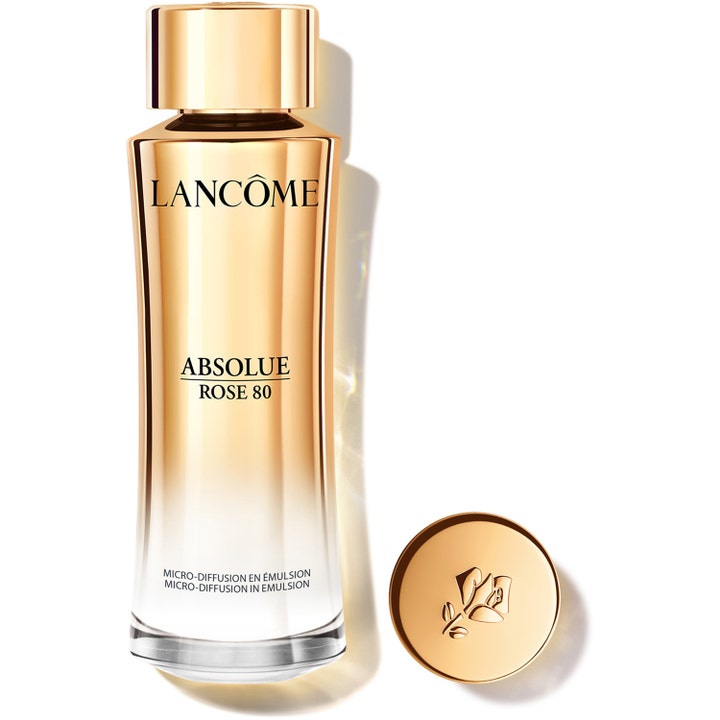 Lancôme Absolue Rose 80 150ml uudistava emulsio kultaisessa liukuvärjätyssä lasipullossa, jossa on tyylikäs kultakorkki.